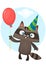 Funny cartoon raccoon holding red balloon wearing birthday party hat. Vector illustration for birthday postcard.