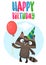 Funny cartoon raccoon holding red balloon wearing birthday party hat. Vector illustration for birthday postcard