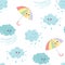 Funny cartoon rainy clouds, wind and umbrellas seamless pattern. Baby background