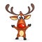 Funny cartoon red nose reindeer character excited waving hands. Christmas vector illustration isolated.