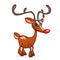 Funny cartoon red nose reindeer character excited waving hands. Christmas vector illustration isolated.
