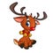 Funny cartoon red nose reindeer character wearing beells oh his neck and sitting Christmas vector illustration.
