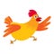 Funny cartoon red and orange chicken, hen rushing, hurrying somewhere