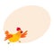 Funny cartoon red and orange chicken, hen rushing, hurrying somewhere