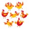 Funny cartoon red and orange chicken, hen in various poses