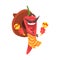 Funny cartoon red pepper character wearing sombrero and poncho shaking maracas, mexican traditional humanized food in