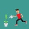 Funny cartoon running guy Boy character Businessman hand holding watering can Money tree plant with dollar sign Flat design Green