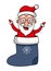 Funny cartoon Santa Claus, Christmas sock, vector illustration