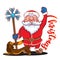 Funny cartoon Santa Claus with magic stick in his hand and brown Dachshund - symbol of the new year