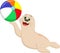 Funny cartoon seal playing a colorful ball