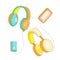 Funny cartoon set of colored headphones with retro players cassette. Cute headset set vector illustration with