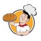 Funny cartoon sign of a baker holding a delicious bread