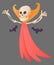 Funny cartoon skeleton posing hin the cape of Dracula and with the bats. Vector bony character. Human bones illustration