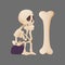 Funny cartoon skeleton posing sitting on a stone and looking at the bone. Vector bony character. Human bones
