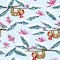 Funny cartoon sloth gift box snowy tropical seamless pattern blu