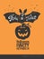 Funny cartoon smiling bat with spread wings and Trick or Treat lettering carrying carved Halloween pumpkin against