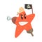 Funny cartoon starfish pirate holding black flag colorful character vector Illustration