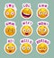 Funny cartoon stickers with yellow emoji face and text.