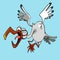 Funny cartoon stork flying bird with open beak and shouts