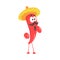 Funny cartoon surprised red pepper character wearing sombrero hat, mexican traditional humanized food in traditional