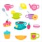 Funny cartoon tea cup. Cute mugs and sweets. Teacups and teapot, cake and macaroon. Vector illustration, cartoon flat