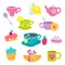 Funny cartoon tea cups faces with emotions. Cute mugs and sweets emojis. Teacups and teapot, cake and macaroon with