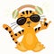 Funny cartoon tiger in headphones and glasses shows thumbs up. A cute tiger cub - a symbol of 2022, is happy with