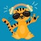 Funny cartoon tiger in headphones and glasses shows thumbs up. A cute tiger cub is a symbol of 2022. The tiger is happy