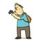 Funny cartoon tourist taking pictures. Backpacker with a photocamera. Flat vector illustration isolated on white