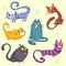 Funny cartoon and vector cats characters. Vector set of colorful cats. Cat breeds cute pet animal collection