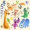 Funny cartoon vector illustrations of crocodile, giraffe, monkey chimpanzee, toucan, rhino, elephant, bluebird, snake, tiger