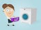 Funny cartoon woman with dirty laundry and washing machine