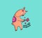 The funny Cartoonish llama in boho style. Animal holding a bouquet of flowers.