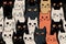 Funny cat animal crowd cartoon pattern in flat illustration style. Cute cat group background, diverse domestic cats. Wallpaper