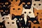 Funny cat animal crowd cartoon pattern in flat illustration style. Cute cat group background, diverse domestic cats. Wallpaper