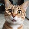 Funny cat with big expressive eyes and attentive gaze in the room close up, AI generation