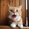 Funny cat with big expressive eyes and open mouth in the room close up, meowing, AI generation