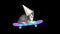Funny cat in a birthday cap on a skateboard enjoys holiday contemporary art collage looped 4k animation with alpha channel