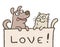 Funny cat with a dog is shown with the inscription love. Vector illustration