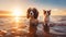 funny cat and dog sit in sea water , puppy sit play on sunset in sea water on beach wild fieldandspaniel