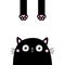 Funny cat face head silhouette. Hanging body paw print, tail. Black kitten. Cute kawaii animal. Baby card. Notebook cover. Sticker