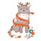 Funny cat in garland, jingle bells and deer horns. Cartoon animal celebrating Christmas and New Year theme. Vector illustration