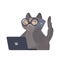 Funny cat with glasses sits at a laptop and holds a smartphone. Sticker Cats with a serious look. Good for stickers, t