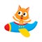 Funny cat, kitten pilot character flying on airplane, cartoon illustration