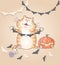 Funny cat making paper garland for halloween