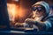 Funny cat in sunglasses working on the laptop in the night. Hacker in hoodie dark theme. AI generated