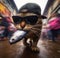 funny cat thieve wear cap and sunglass escape on running from market with stolen grilled salmon