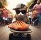 funny cat thieve wear cap and sunglass escape on skateboard from market with stolen grilled salmon