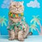 Funny cat on vacation, in a shirt with flowers, palm trees, relax