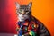 Funny cat wearing business costume and tie in studio, colorful background. Generative AI